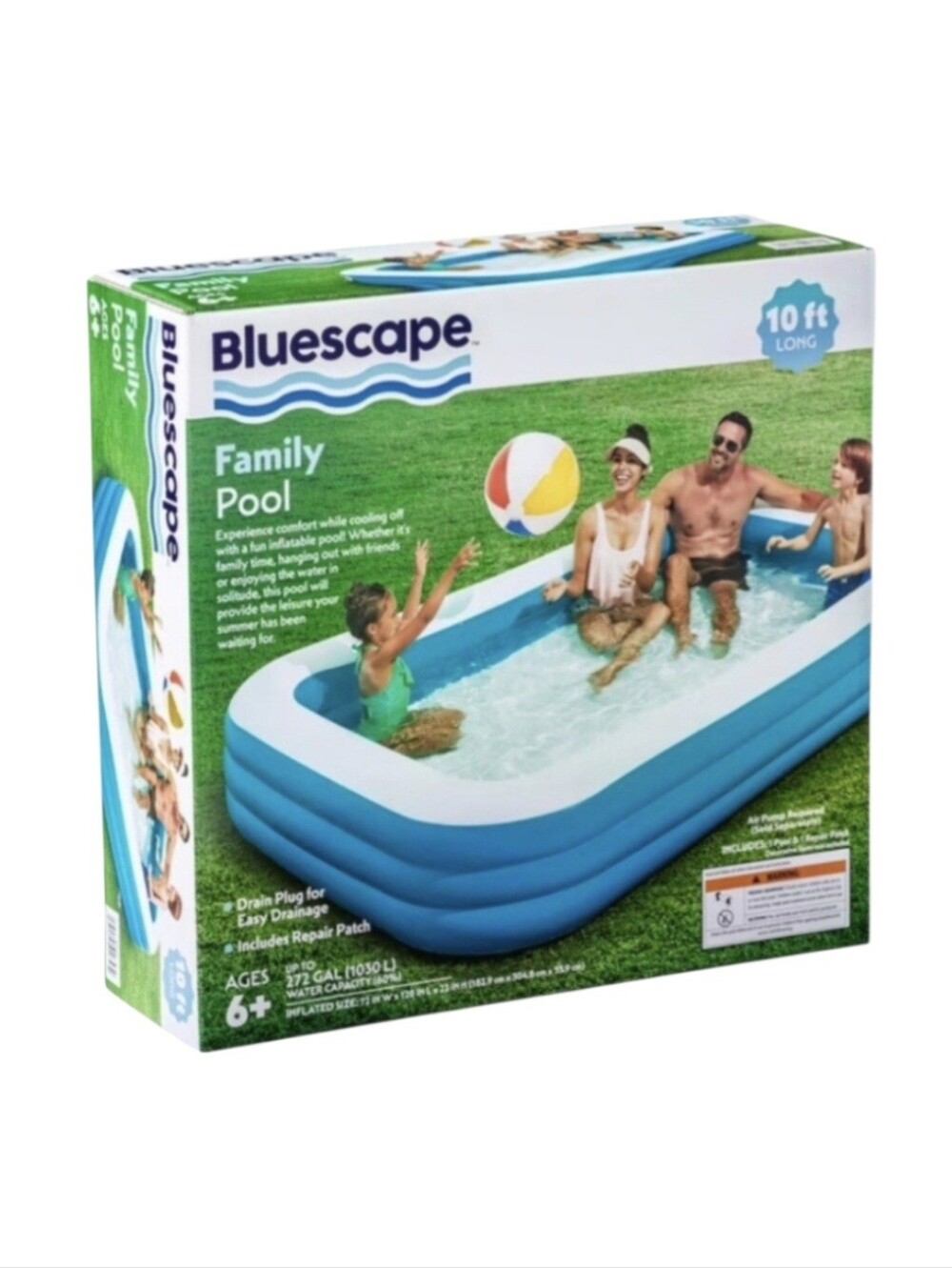 Bluescape 10 ft Rectangular Family Inflatable Swimming Pool in Blue for Ages 6+.